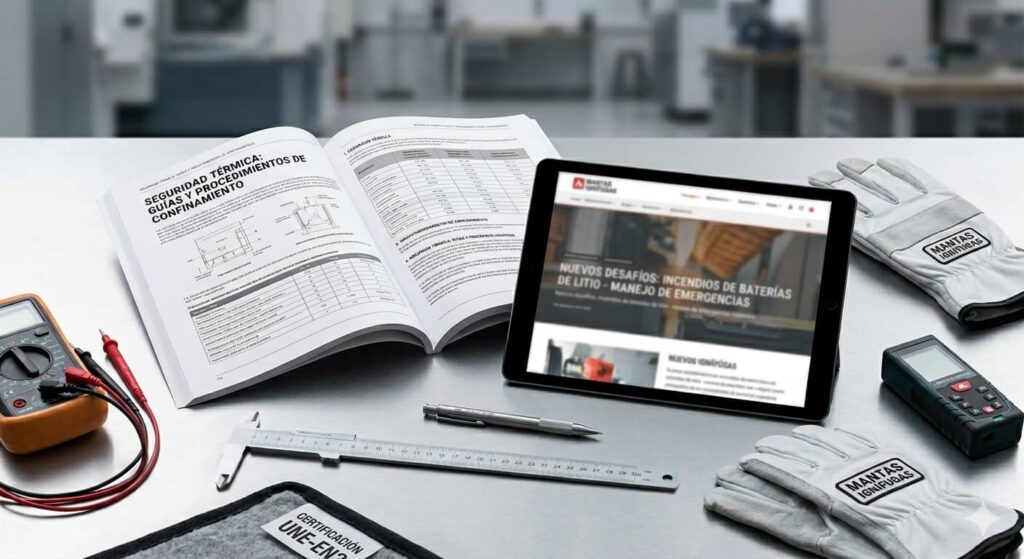 Un primer plano nítido de un escritorio técnico organizado con un manual físico abierto titulado "SEGURIDAD TÉRMICA: GUÍAS Y PROCEDIMIENTOS DE CONFINAMIENTO" y guantes técnicos con el parche "MANTAS IGNÍFUGAS". Al fondo, una tablet muestra información de divulgación técnica suavemente desenfocada.