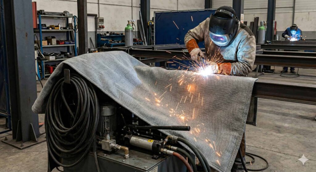 Soldador con equipo de protección completo trabajando sobre una estructura metálica, mientras una manta ignífuga de color gris cubre y protege maquinaria crítica y cables de las chispas y proyecciones de metal fundido en un taller industrial.
